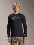 Alpinestars A-Dura Astar Long Sleeve Jersey, Black with silver Astars logo on the chest, worn by a model with camouflage pants, casual MTB performance apparel for mountain biking