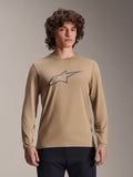 Alpinestars A-Dura Astar Langarmtrikot, Hellbraun, MTB-Mountainbike-Shirt, mit großem dunkelgrauem Astars-Logo auf der Brust, reguläre Passform, technisches feuchtigkeitsableitendes Gewebe für Offroad-Performance