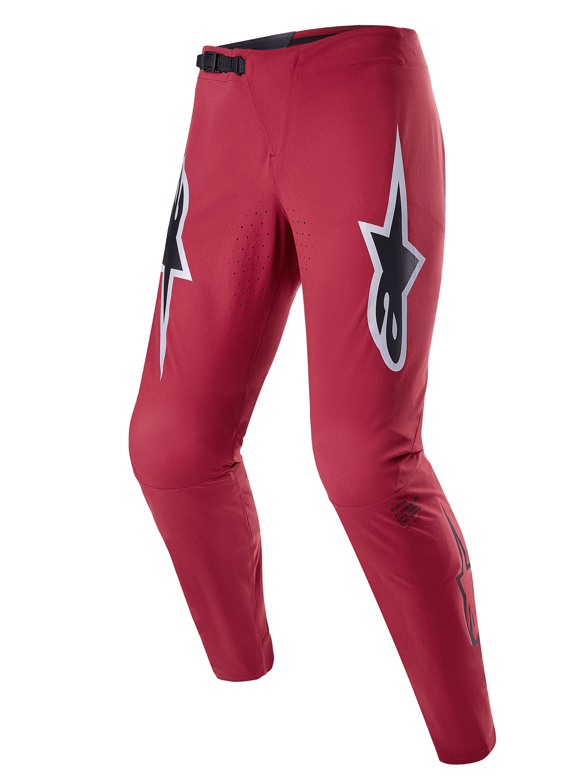Alpinestars A-Supra Race Pants, MTB Racing Pants, Burgundy with large white and black star logos on the thighs, featuring laser-perforated ventilation, black ratchet waist closure, and a tapered performance fit for mountain biking