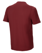 Alpinestars A-Dura Switch Short Sleeve Jersey, Burgundy, Back view, featuring a drop tail hem and a small vertical Alpinestars logo on the lower side, performance MTB cycling apparel.