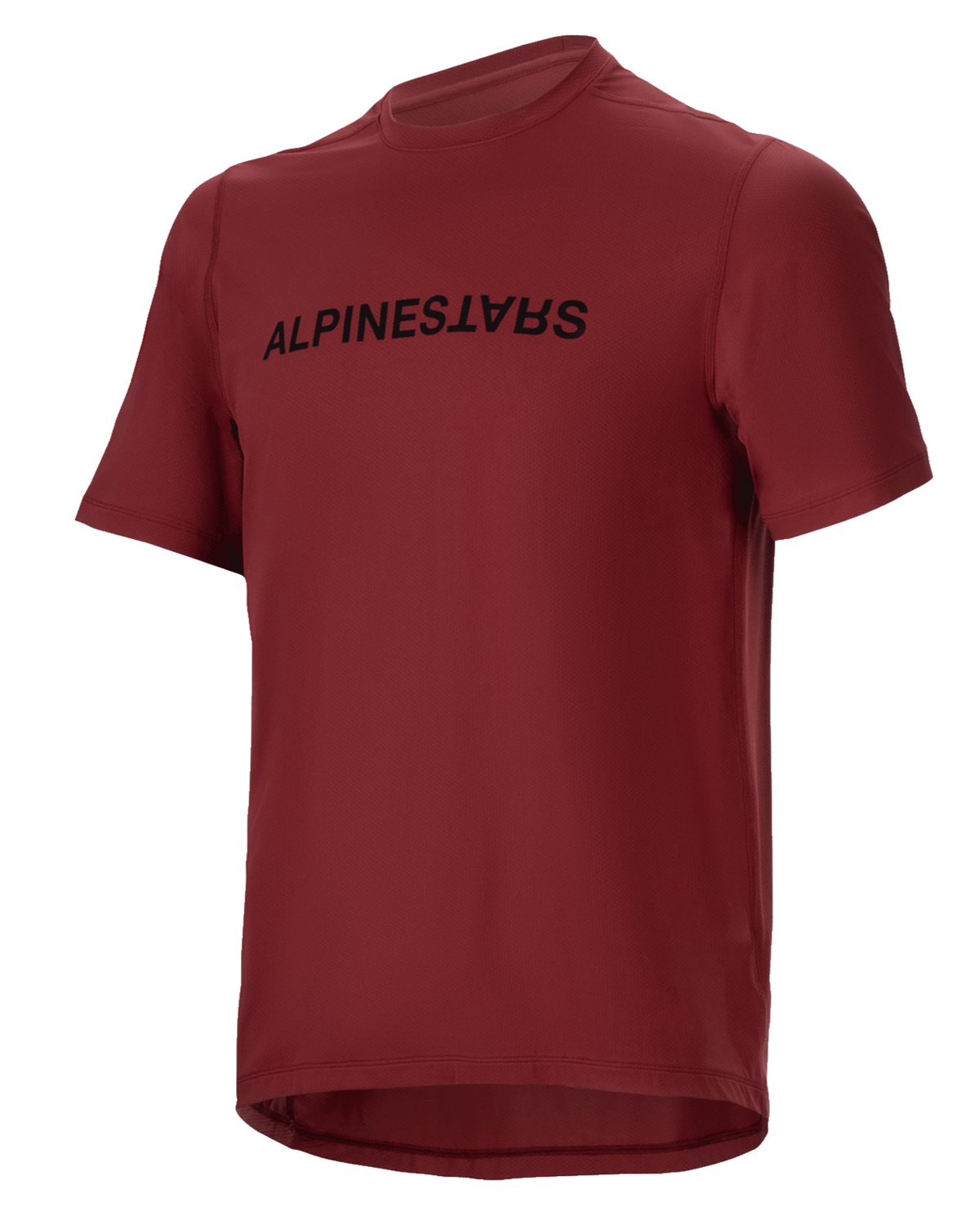 Alpinestars A-Dura Switch Kurzarmtrikot, MTB-Trikot, Burgunderrot, schwarzer Logo-Schriftzug auf der Brust, leichtes, feuchtigkeitsableitendes Gewebe, Rundhalsausschnitt und verlängerter Rücken, konzipiert für den Offroad-Radsport