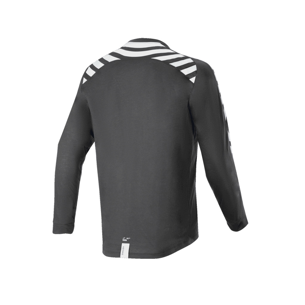 Alpinestars A-Dura Dri Oscar Langarmtrikot, Schwarz Reflektierend, Rückansicht mit weißen reflektierenden Streifen an Schultern und Armen, technisches recyceltes drirelease®-Gewebe, verlängerter Saum am Rücken für Offroad-Radsport