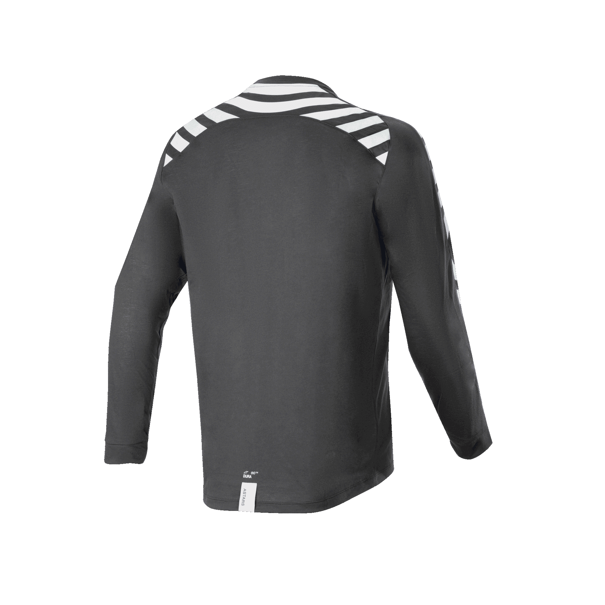 Alpinestars A-Dura Dri Oscar Langarmtrikot, Schwarz Reflektierend, Rückansicht mit weißen reflektierenden Streifen an Schultern und Armen, technisches recyceltes drirelease®-Gewebe, verlängerter Saum am Rücken für Offroad-Radsport