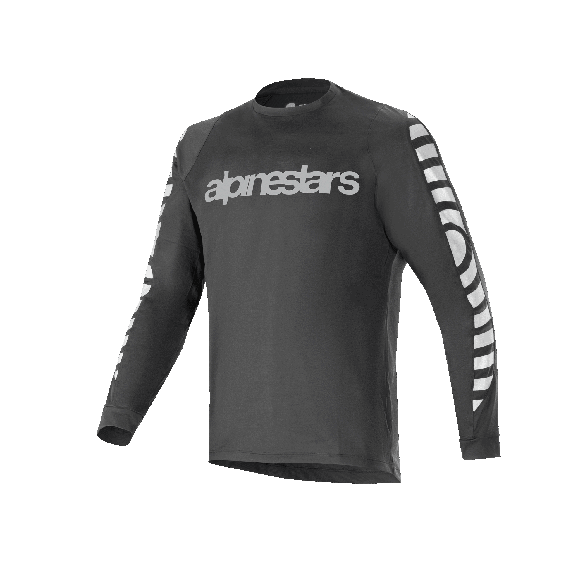 Alpinestars A-Dura Dri Oscar Langarmtrikot, Radsporttrikot, Schwarz Reflektierend, mit großem silbernem reflektierendem Schriftzug auf der Brust und grafischen Mustern an den Ärmeln, technische Mountainbike-Funktionsbekleidung