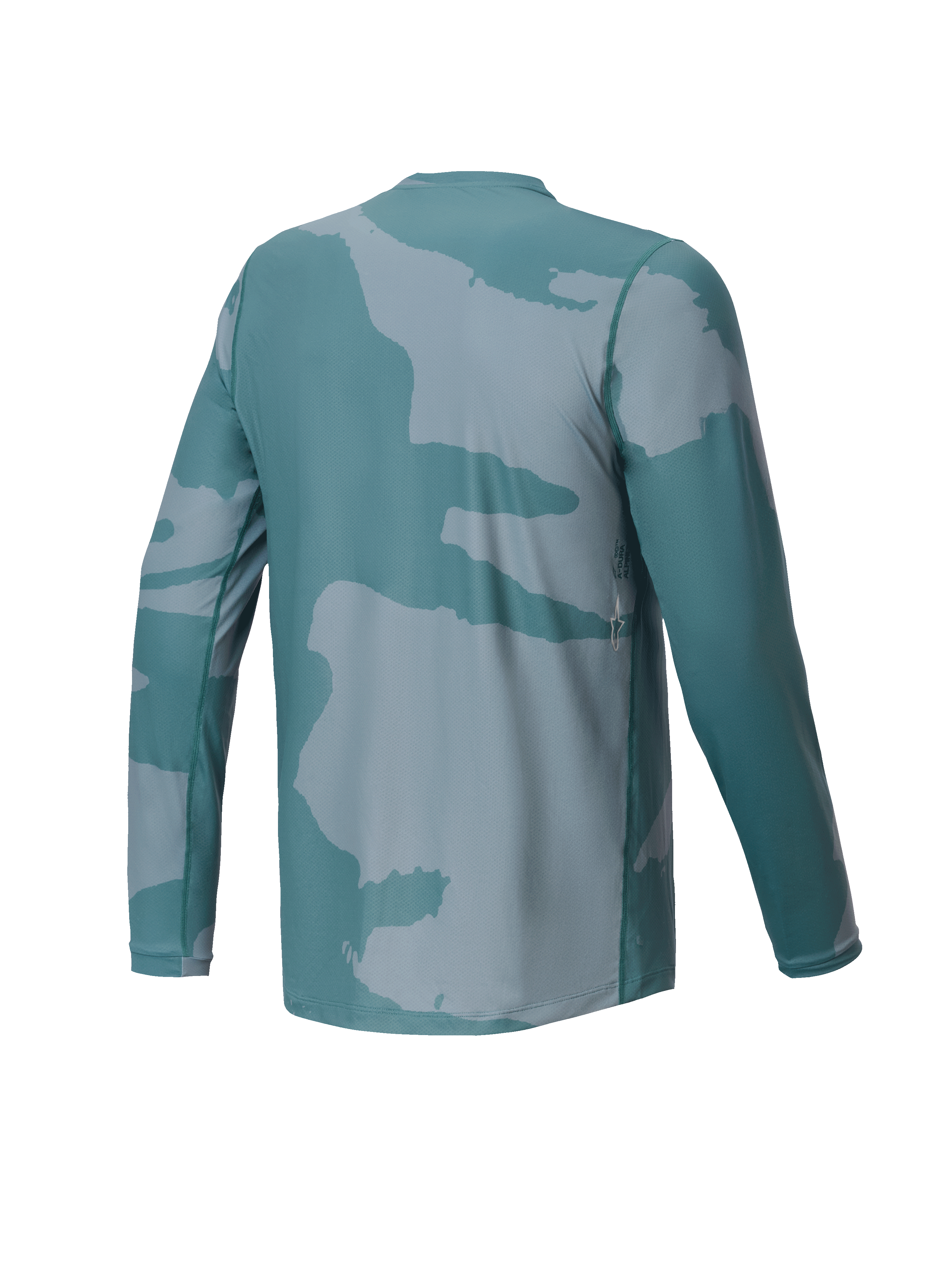Alpinestars Youth A-Dura Hollow Camo Jersey, Long Sleeve MTB Jersey, Silver Pine Camo Green, back view featuring a small logo detail and dropped tail for cycling coverage