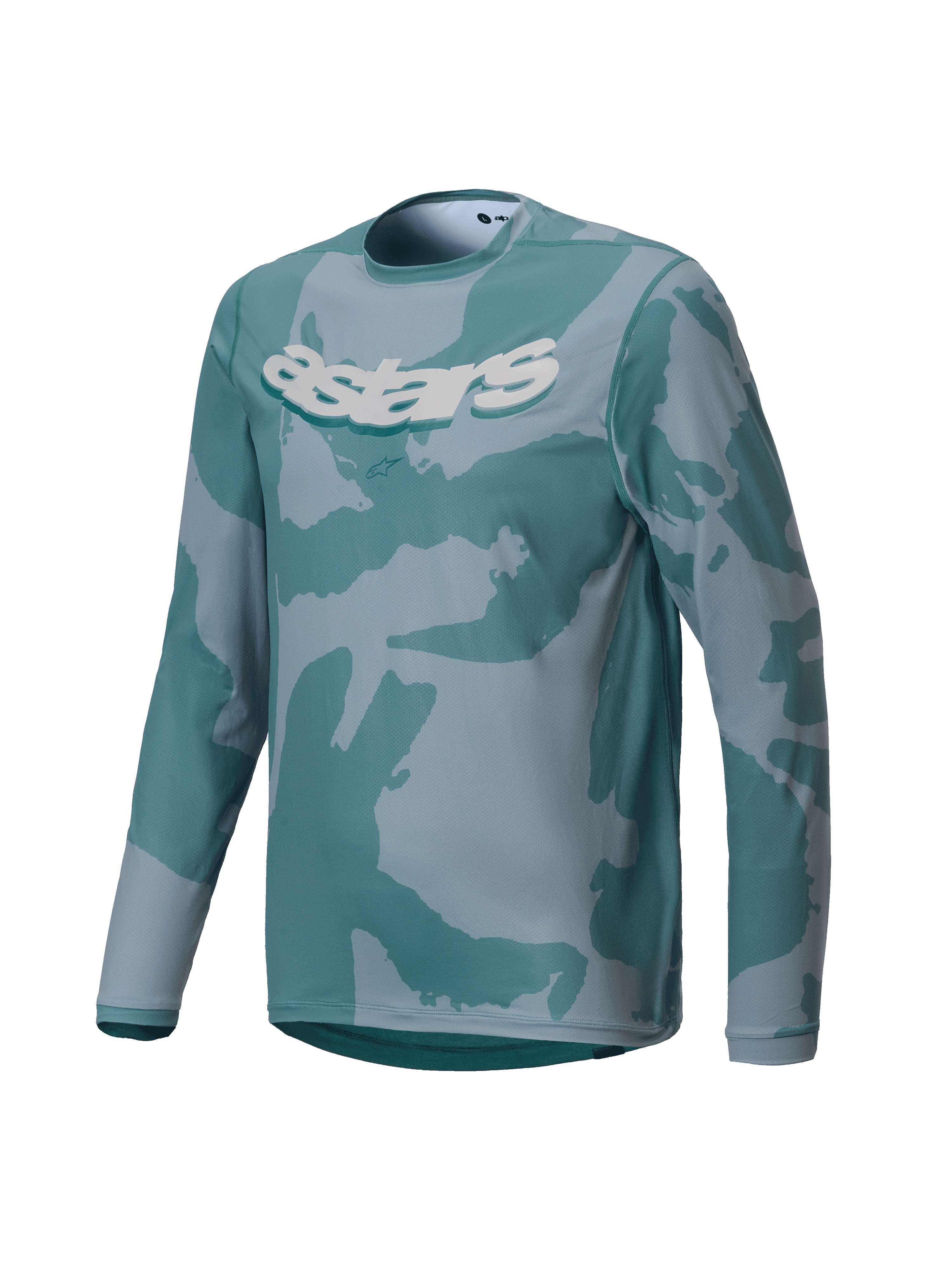 Alpinestars Youth A-Dura Hollow Camo Jersey, Long Sleeve MTB Jersey, Silver Pine Camo with teal and gray patterns, bold white astars graphic on chest, performance fabric for youth trail riding