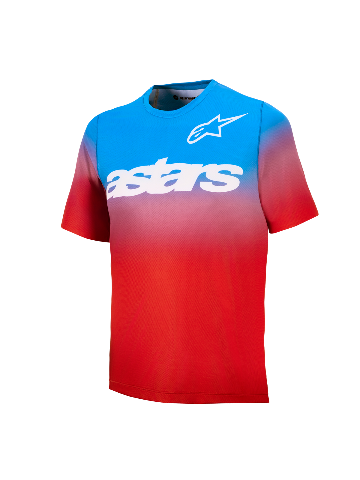 Jugendliche A-Dura Astars Trikot 2.0, blau-roter Farbverlauf, kurzärmeliges MTB-Trikot mit weißem Logo und Wortmarke.
