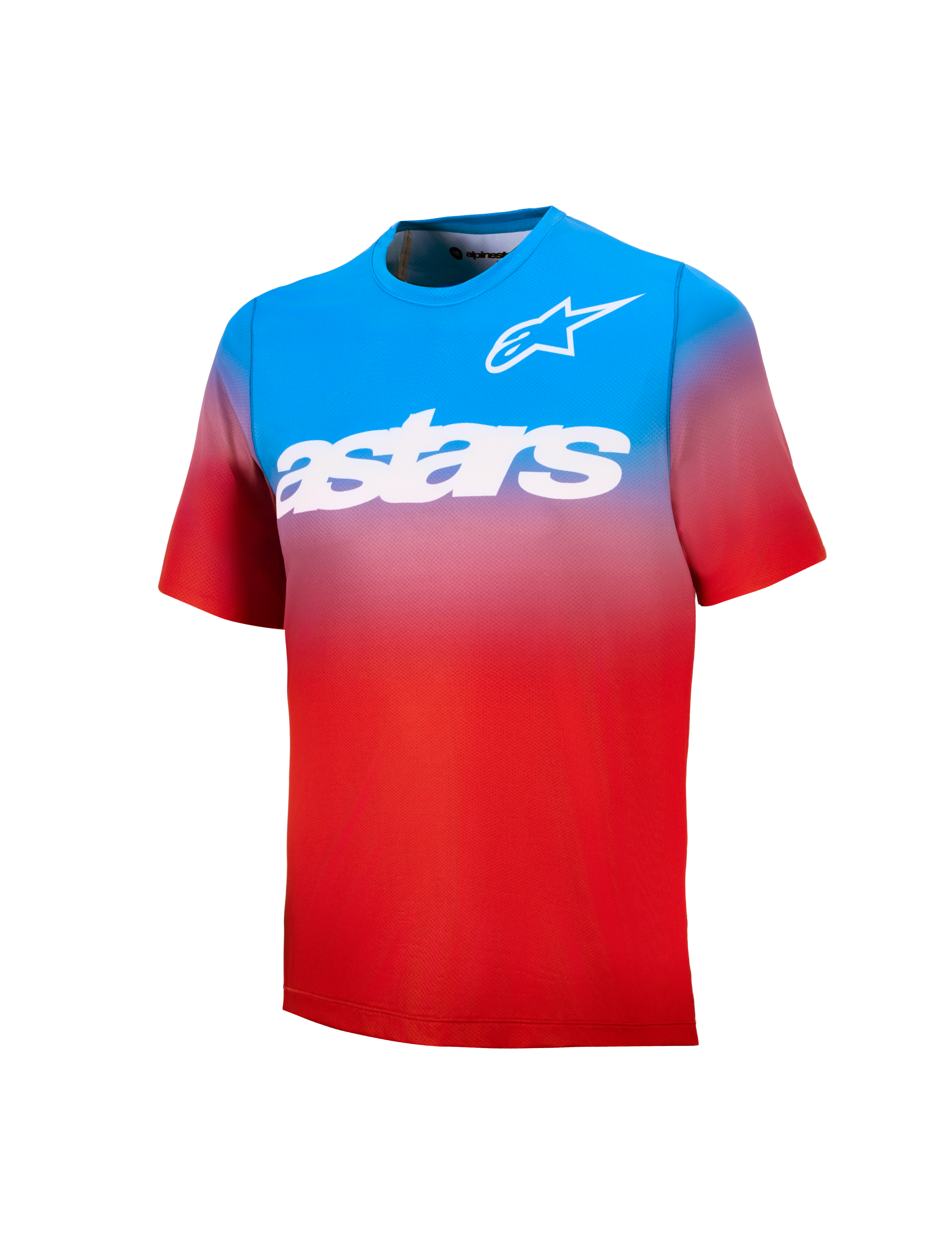 Jugendliche A-Dura Astars Trikot 2.0, blau-roter Farbverlauf, kurzärmeliges MTB-Trikot mit weißem Logo und Wortmarke.