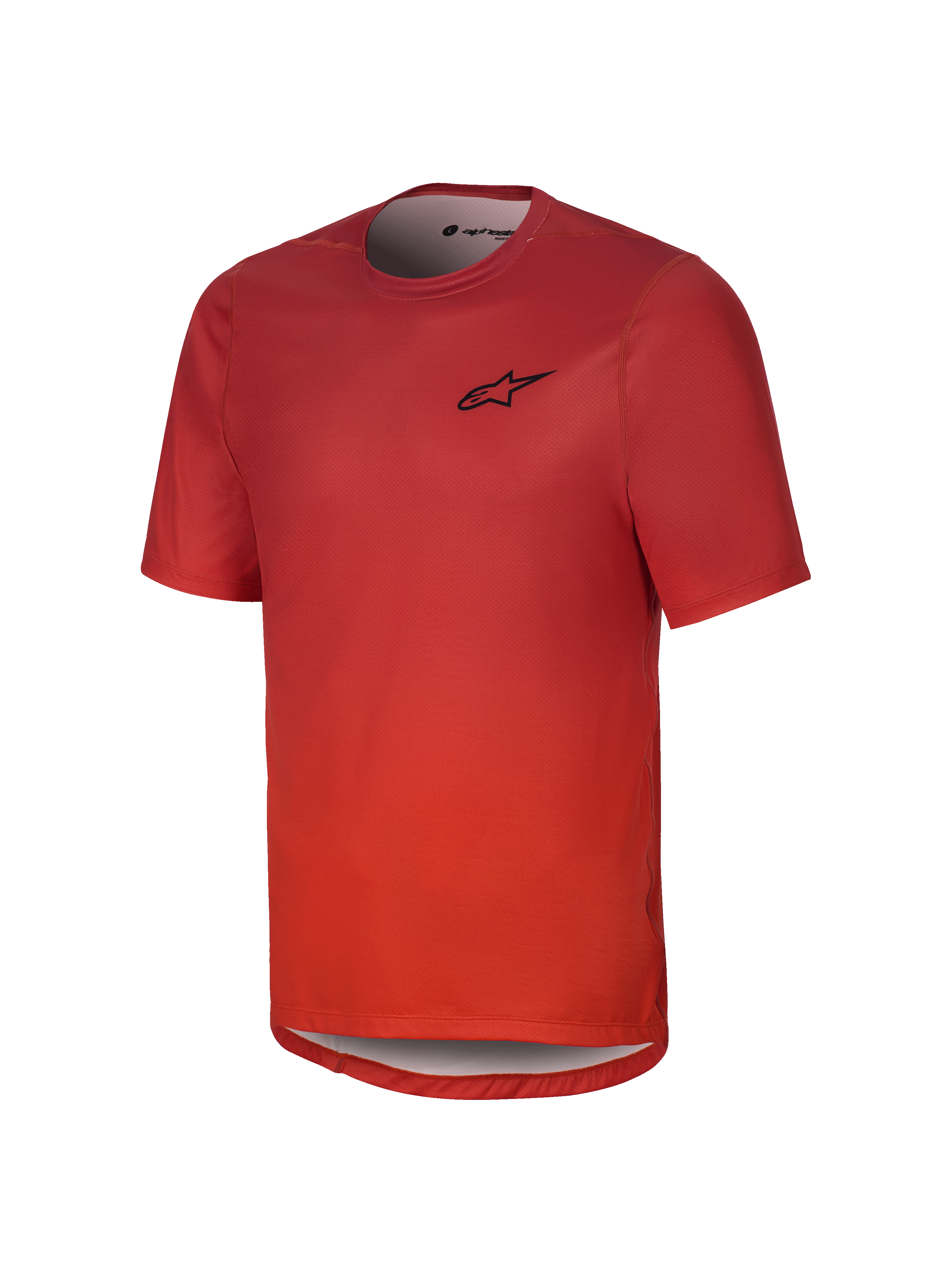 Alpinestars Youth A-Dura Rise Kurzarmtrikot, Spicy Orange, mit schwarzem Brustlogo, Rundhalsausschnitt und verlängertem Rückensaum, atmungsaktives Jacquard-Gewebe für Mountainbiking