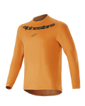 Alpinestars Youth A-Dura Rocker Long Sleeve Jersey, Dark Gold, featuring black Alpinestars wordmark and logo on the chest, crew neck, drop tail hem, lightweight performance mountain bike apparel