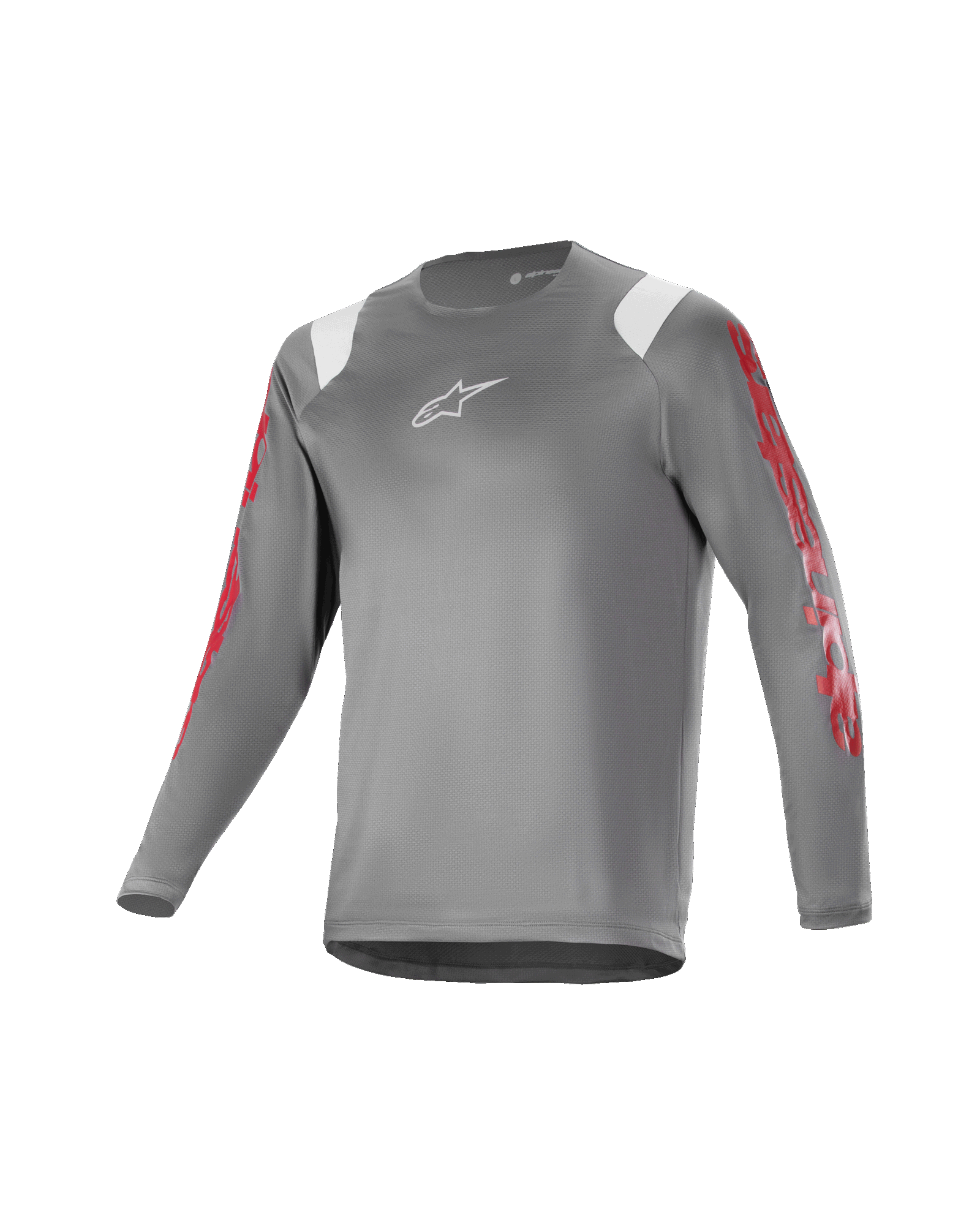 Alpinestars Youth A Supra Astar Long Sleeve Jersey, Dark Gray with white shoulder accents and red sleeve branding, white chest logo, breathable technical fabric, round neckline, athletic performance fit for mountain biking