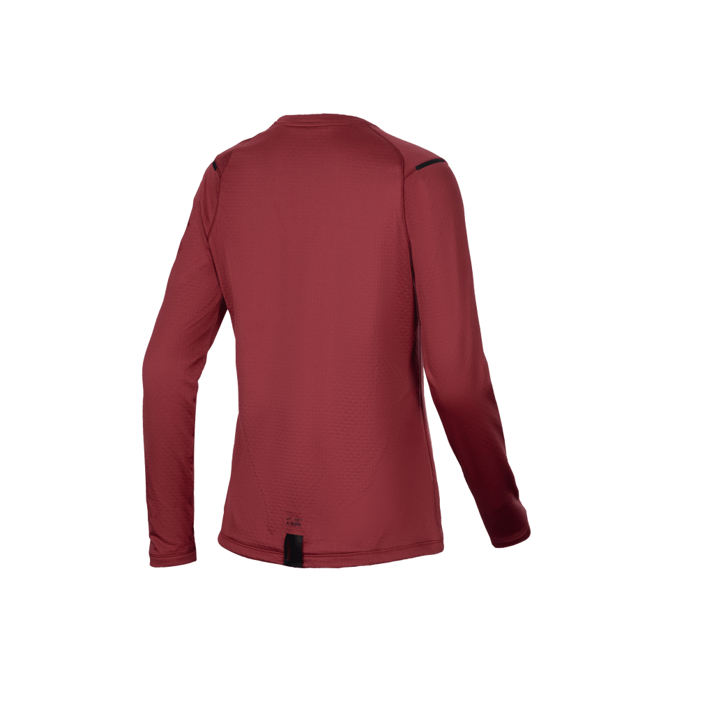Alpinestars Stella A-Dura Thermal Jersey, women's long-sleeve MTB thermal cycling jersey, back view showing extended drop tail, Burgundy, insulated fleece lining for cold-weather mountain biking