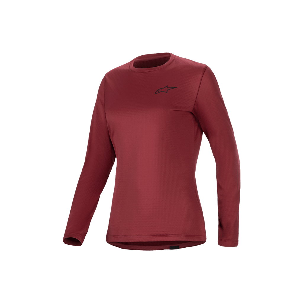 Alpinestars Stella A-Dura Thermal Jersey, women's long-sleeve mountain bike jersey in burgundy, insulated fleece-lined performance cycling top with extended drop tail