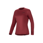 Alpinestars Stella A-Dura Thermal Jersey, women's long-sleeve mountain bike jersey in burgundy, insulated fleece-lined performance cycling top with extended drop tail