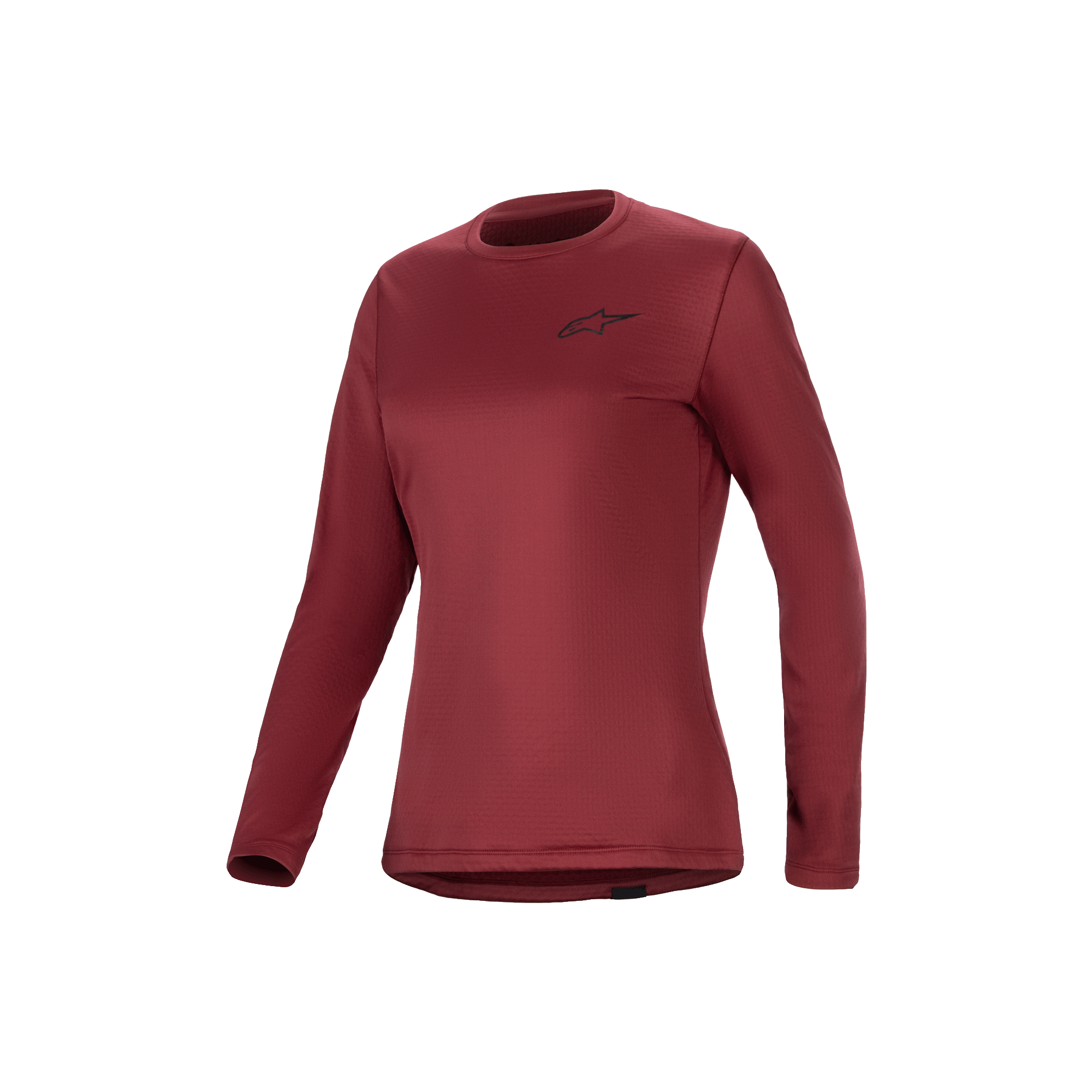 Alpinestars Stella A-Dura Thermal Jersey, women's long-sleeve mountain bike jersey in burgundy, insulated fleece-lined performance cycling top with extended drop tail