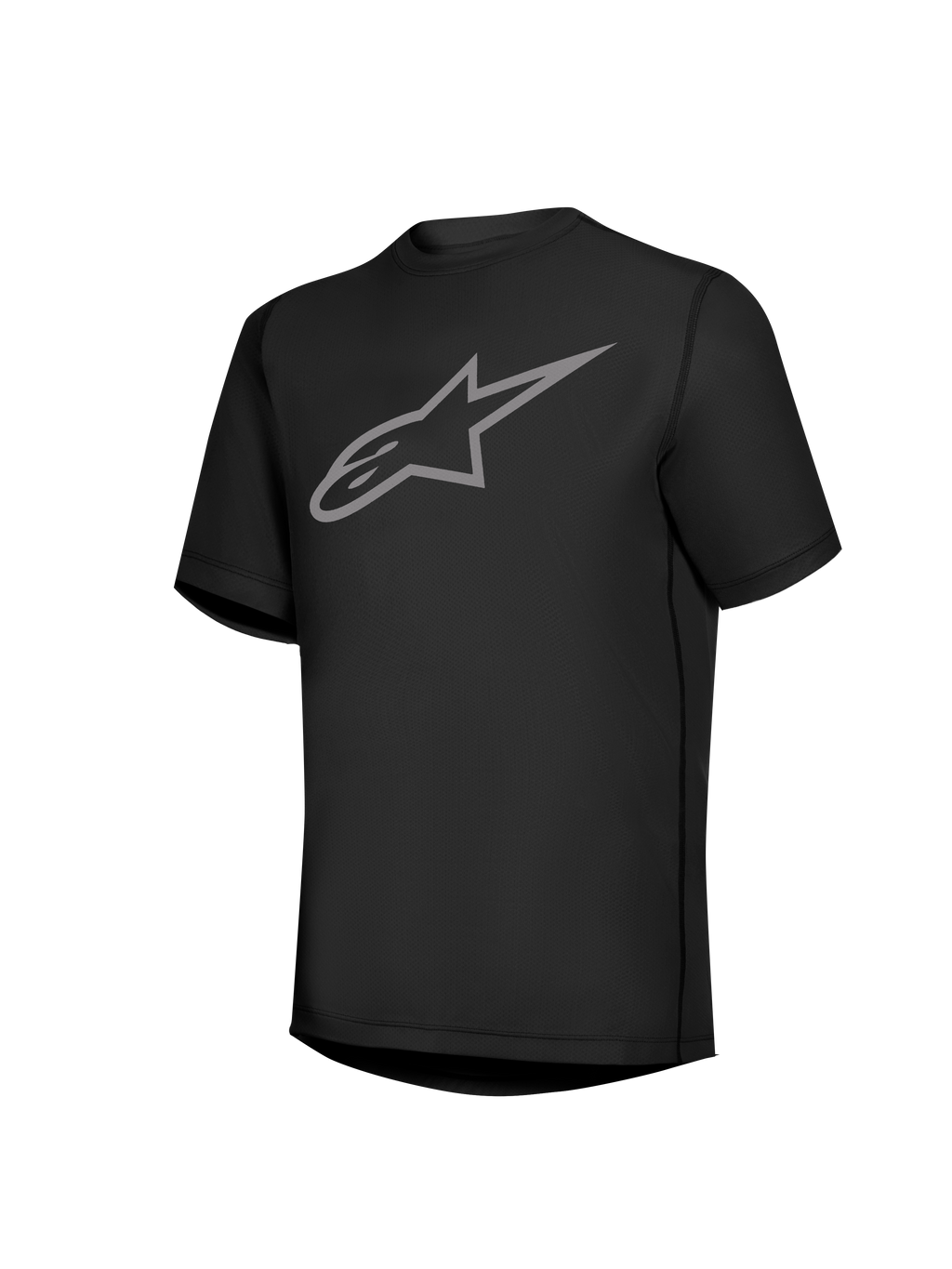 Schwarzes Stella A-Dura Ride Damen-Kurzarmtrikot mit grauem Astars-Brustlogo, funktionelle MTB-Ausrüstung.