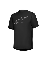 Schwarzes Stella A-Dura Ride Damen-Kurzarmtrikot mit grauem Astars-Brustlogo, funktionelle MTB-Ausrüstung.