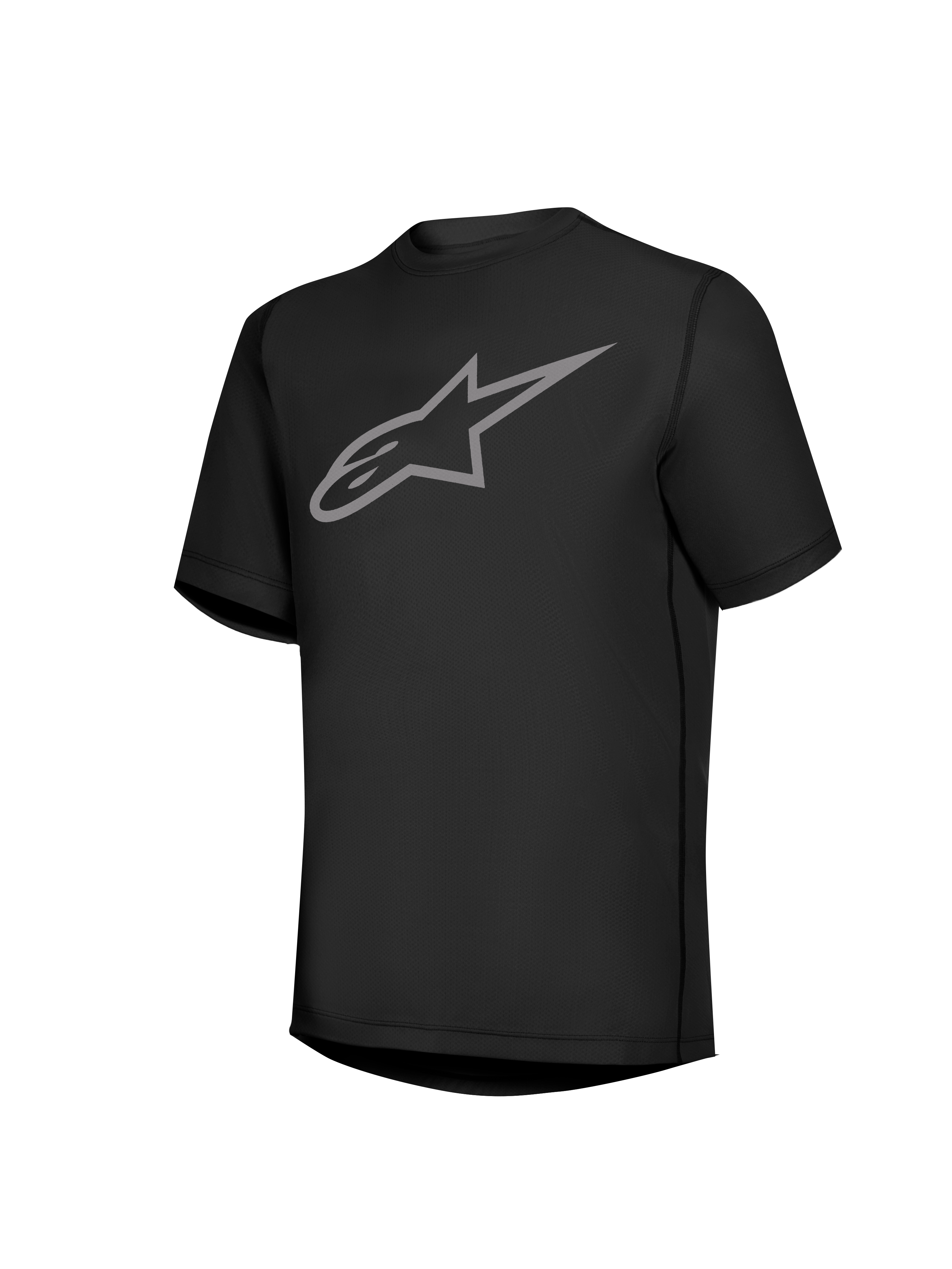 Schwarzes Stella A-Dura Ride Damen-Kurzarmtrikot mit grauem Astars-Brustlogo, funktionelle MTB-Ausrüstung.