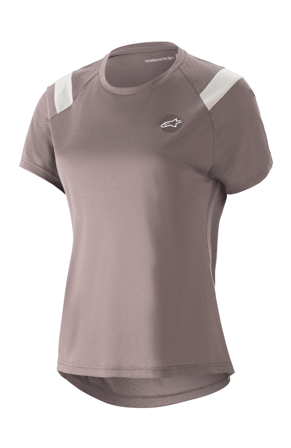 Alpinestars Women Stella Alps Escape Jersey, Short Sleeve MTB Shirt, Sparrow Gray with white shoulder accents, perforated mesh panels for breathability, curved drop tail hem, small circular Astar logo on chest, casual sporty fit for mountain biking