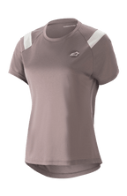 Alpinestars Women Stella Alps Escape Jersey, Short Sleeve MTB Shirt, Sparrow Gray with white shoulder accents, perforated mesh panels for breathability, curved drop tail hem, small circular Astar logo on chest, casual sporty fit for mountain biking