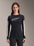 Alpinestars Stella A-Dura Dri Astar Damen-Trikot, Langarm-Mountainbike-Trikot, Schwarz mit weißem Logo und hellgrauen Mesh-Einsätzen an den Ärmeln, Performance-Radsportbekleidung für Damen