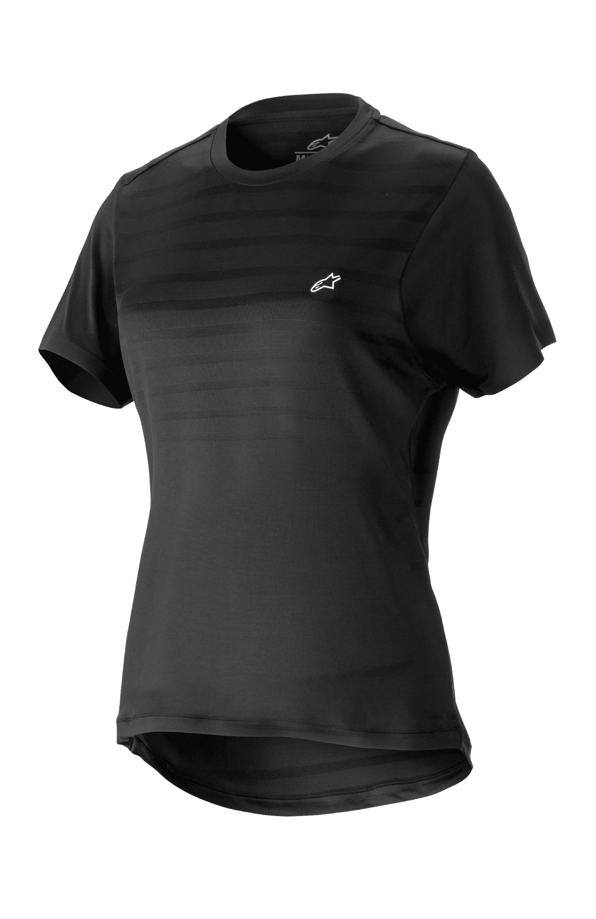 Alpinestars Stella Alps Constellation Trikot für Damen, Kurzarm-Mountainbike-Jersey, Schwarz mit dezenten Querstreifen auf der Brust, kleines weißes Logo, Rundhalsausschnitt, verlängerte Rückenpartie für optimale Abdeckung, leichtes atmungsaktives Material für MTB
