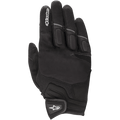 Alpinestars Atom Gloves, Motorcycle Riding Gloves, Black, featuring mesh panels for breathability, stretch fabric construction, padded knuckle protection, and a hook-and-loop wrist strap with a white star logo