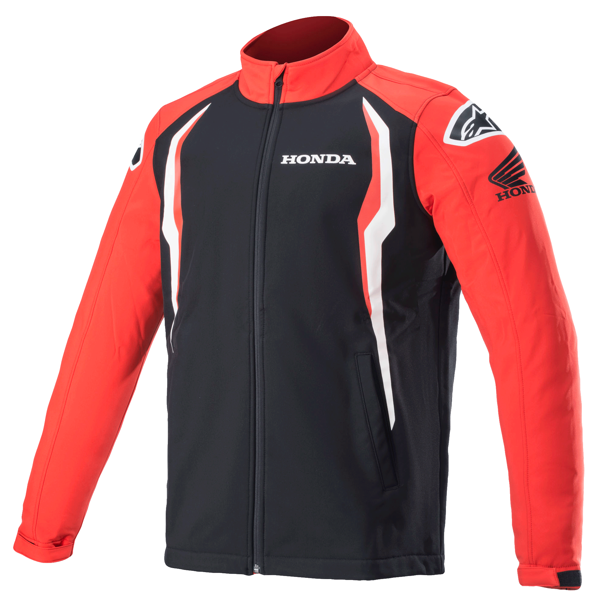 Alpinestars Honda Softshell Jacket, Sportswear Jacket, Red and Black with white accents, contrast panels, high track collar with front zipper, Honda and Alpinestars logos on chest and shoulders, motorsport-inspired lifestyle apparel