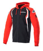 Alpinestars Honda Zip Hoodie, Full-Zip Hooded Sweatshirt, Red and Black with white accents, Honda branding on chest and sleeve, Alpinestars logos on shoulders, drawstring hood, casual motorsport apparel