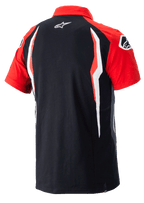 Alpinestars Honda Polo, kurzärmeliges Polo-Shirt, Rot und Schwarz, Rückansicht mit kontrastierenden Seiteneinsätzen und Alpinestars-Logo auf dem Rücken, lässige Motorsport-Sportbekleidung