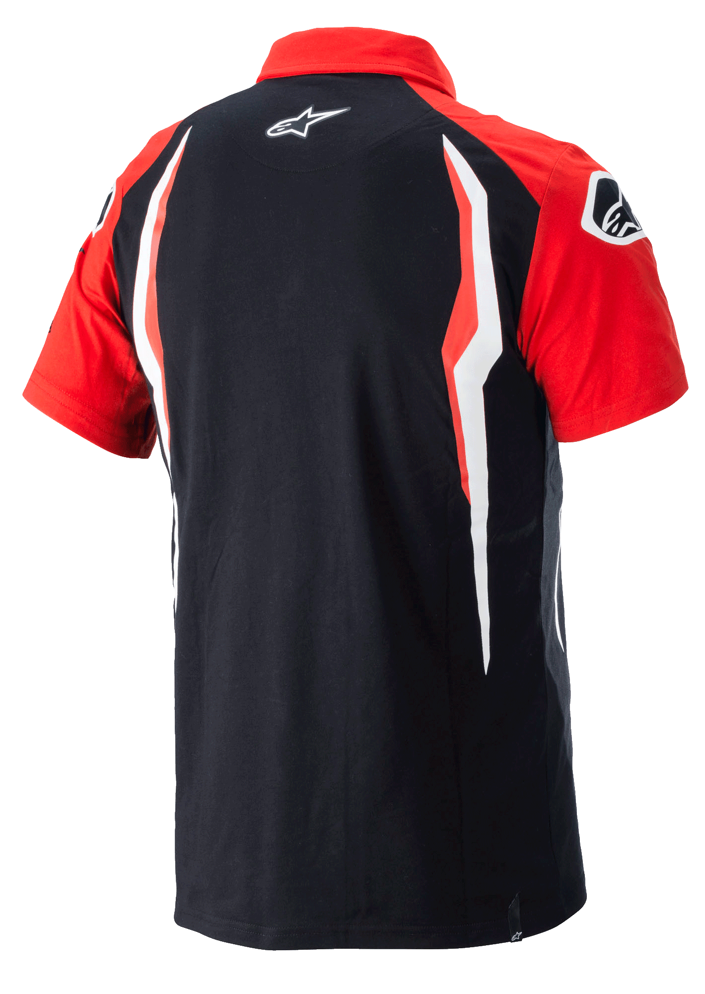 Alpinestars Honda Polo, kurzärmeliges Polo-Shirt, Rot und Schwarz, Rückansicht mit kontrastierenden Seiteneinsätzen und Alpinestars-Logo auf dem Rücken, lässige Motorsport-Sportbekleidung