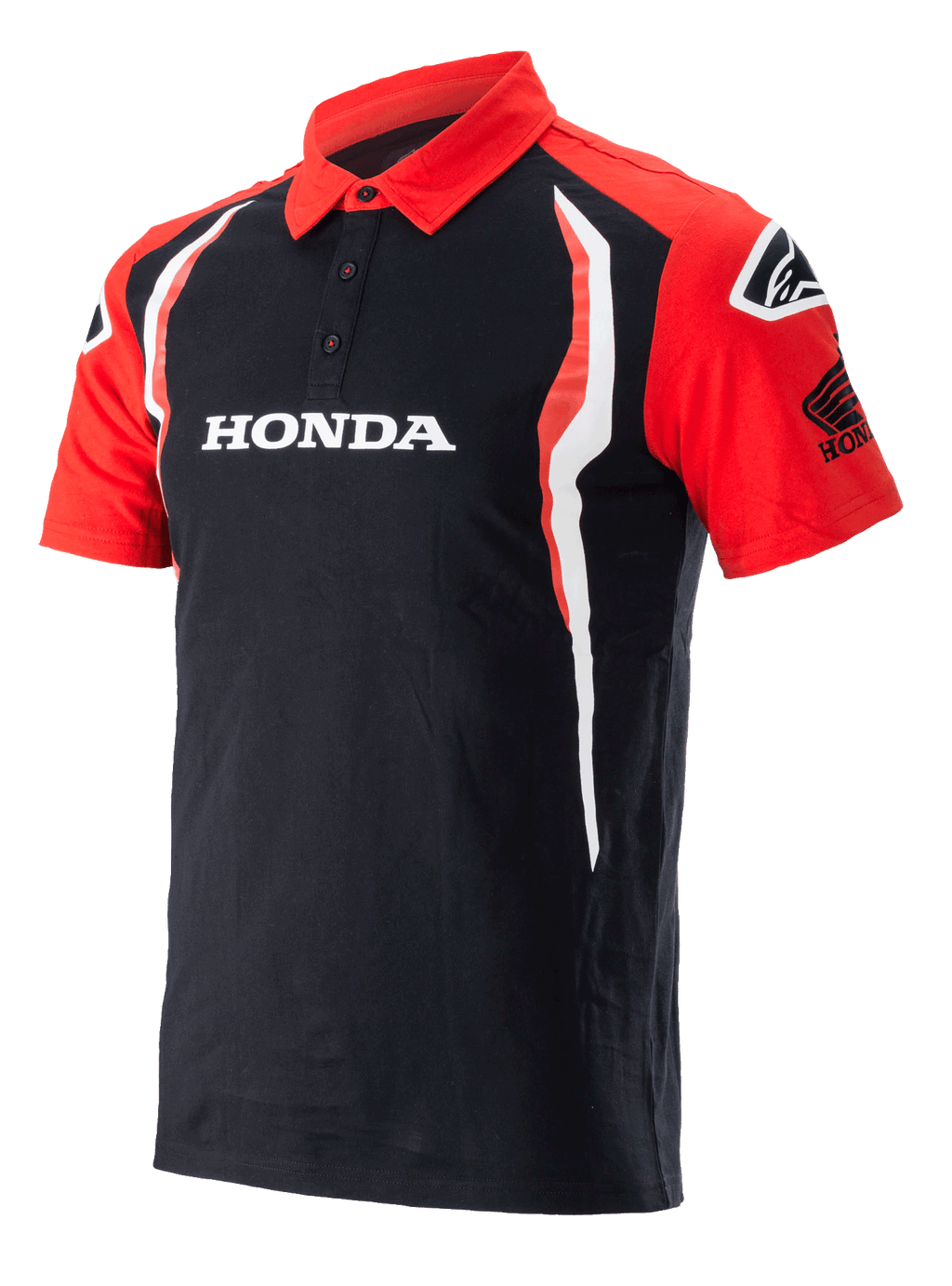 Alpinestars Honda Polo, Kurzarm-Poloshirt, Schwarz und Rot, mit Drei-Knopf-Leiste, weißem Honda-Logo auf der Brust, Honda-Wing-Logo auf dem Ärmel und vertikalen weiß-roten Seitenakzenten.