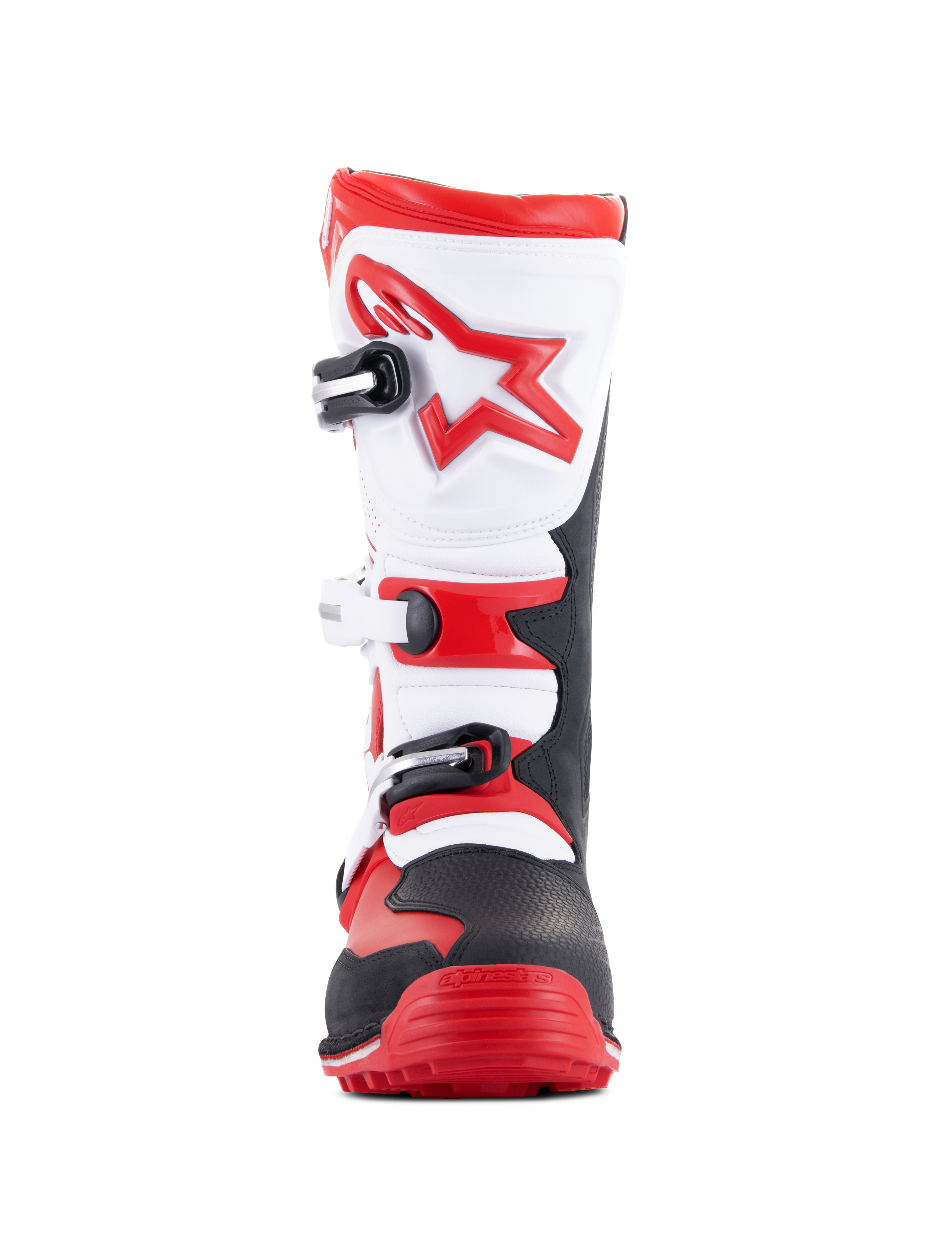 Alpinestars Tech-T Stiefel, Motorrad-Trial-Stiefel, Hellrot, Schwarz und Weiß, Vorderansicht mit ergonomischer weißer Schienbeinplatte und rotem Stern-Logo, Drei-Schnallen-Verschlusssystem, robuster schwarz-roter Zehenbereich, konzipiert für den Offroad-Trial-Sport