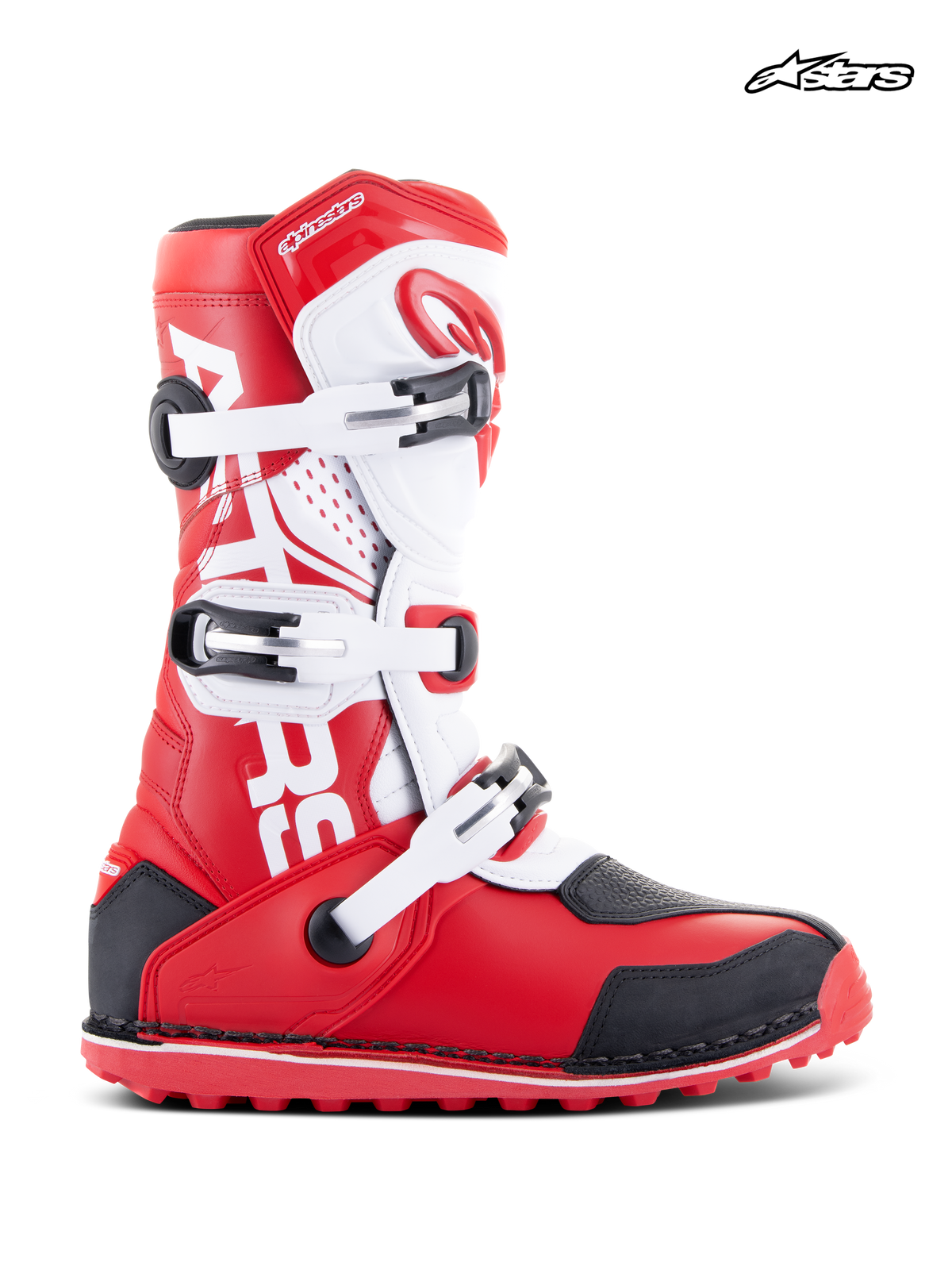 Alpinestars Tech-T Stiefel, Trial- und Offroad-Motorradstiefel, Rot, Schwarz und Weiß, aus Leder und Mikrofaser mit Dreifach-Schnallenverschluss und ergonomischem Schienbeinschutz