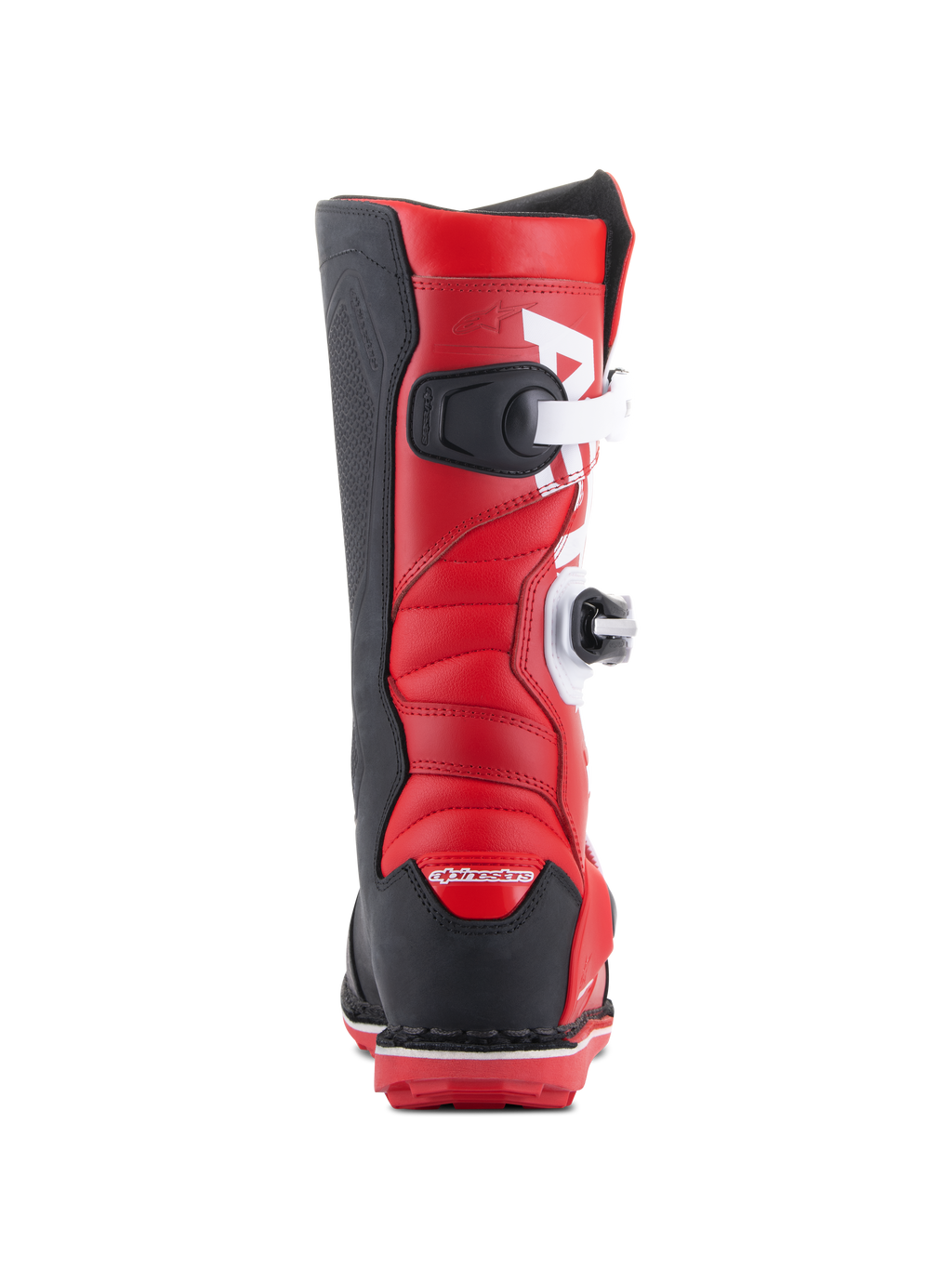Alpinestars Tech-T Stiefel, Trial-Motorradstiefel, Hellrot, Schwarz und Weiß, Rückansicht mit weißen Schnallenverschlüssen, schwarzen Fersen- und Seitenpaneelen und gepolstertem rotem Leder-Obermaterial für den Offroad-Trial-Sport