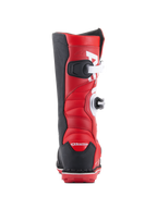 Alpinestars Tech-T Stiefel, Trial-Motorradstiefel, Hellrot, Schwarz und Weiß, Rückansicht mit weißen Schnallenverschlüssen, schwarzen Fersen- und Seitenpaneelen und gepolstertem rotem Leder-Obermaterial für den Offroad-Trial-Sport