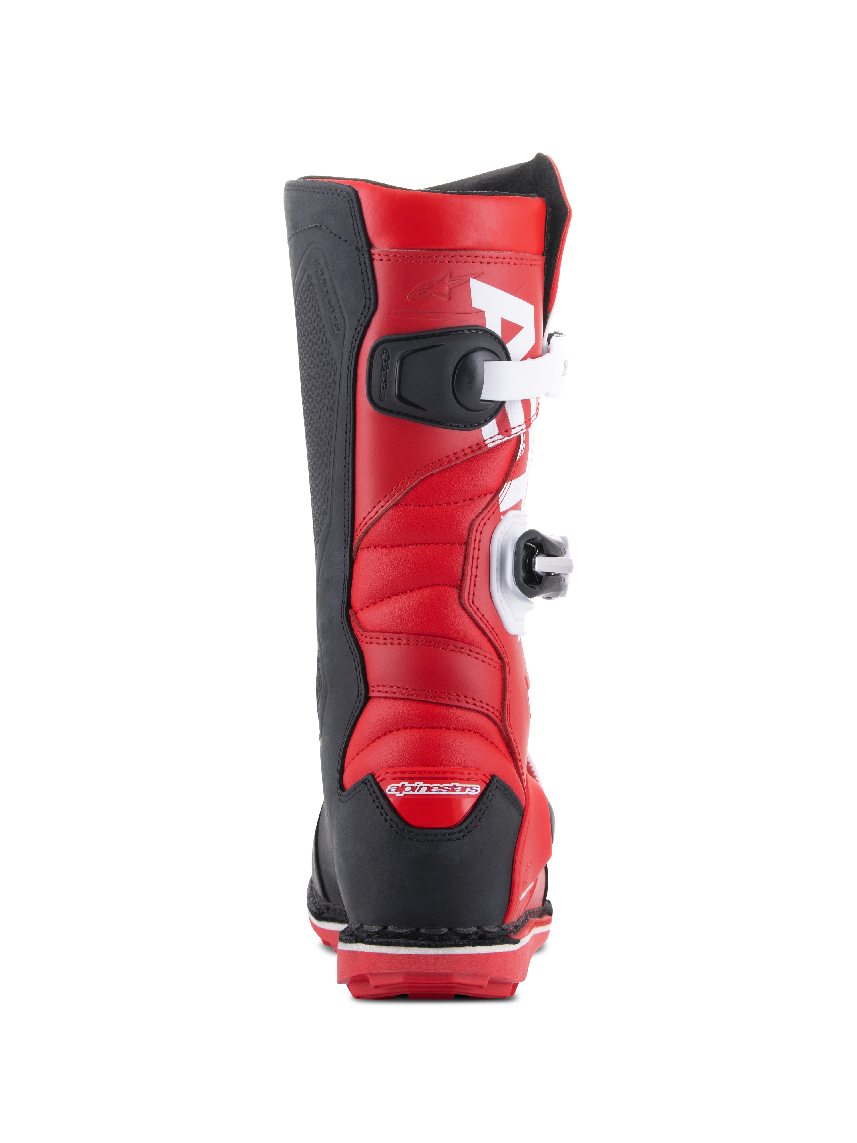 Alpinestars Tech-T Stiefel, Trial-Motorradstiefel, Hellrot, Schwarz und Weiß, Rückansicht mit weißen Schnallenverschlüssen, schwarzen Fersen- und Seitenpaneelen und gepolstertem rotem Leder-Obermaterial für den Offroad-Trial-Sport