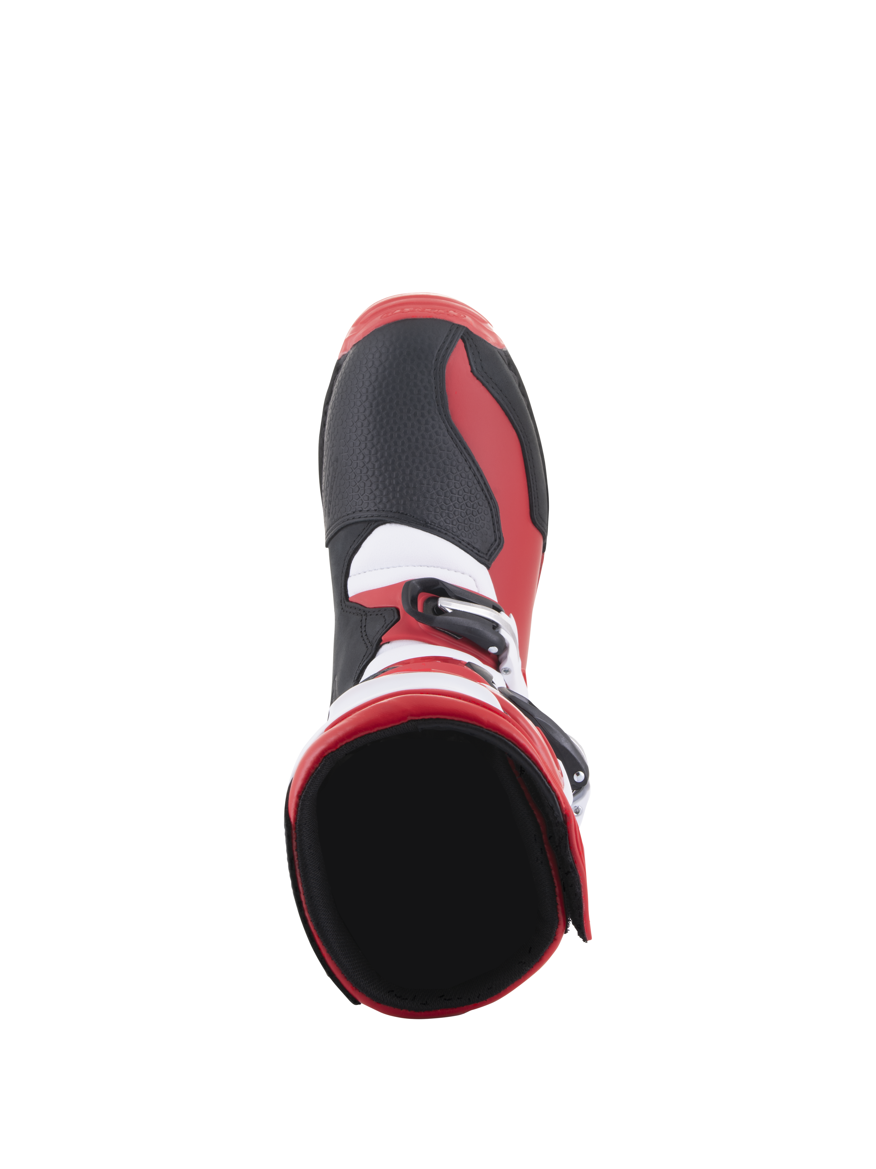 Alpinestars Tech-T Stiefel, Trial-Motorradstiefel, Hellrot, Schwarz und Weiß, Draufsicht mit Fokus auf die innere Knöchelöffnung und den Zehenbereich, mit schwarzen strukturierten Paneelen, roten Akzenten und weißen Details, entwickelt für Offroad-Performance