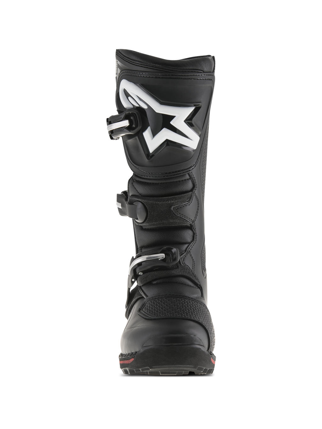 Alpinestars Tech-T Stiefel, Trials-Motorradstiefel, Schwarz und Rot, Vorderansicht mit ergonomischem Schienbeinschutz und weißem Astar-Logo, Drei-Schnallen-Verschlusssystem und strapazierfähiger Lederkonstruktion mit rotem Akzent an der Sohle.