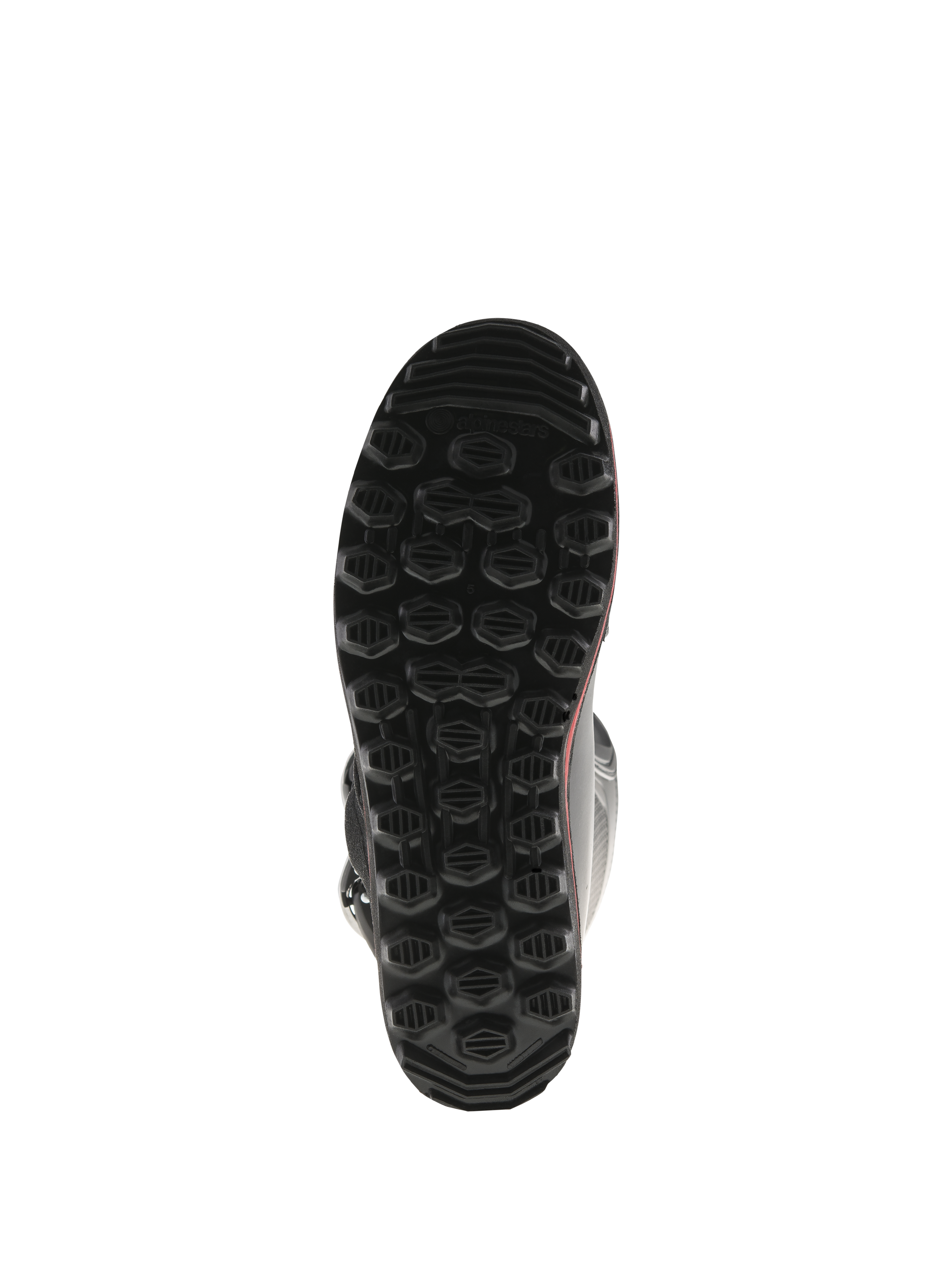 Alpinestars Tech-T Stiefel, Sohlenansicht von unten, Schwarz mit roten Akzenten, mit strukturiertem hexagonalen Profil, proprietäre Trial-Sohle für maximalen Grip und Sensibilität auf den Fußrasten