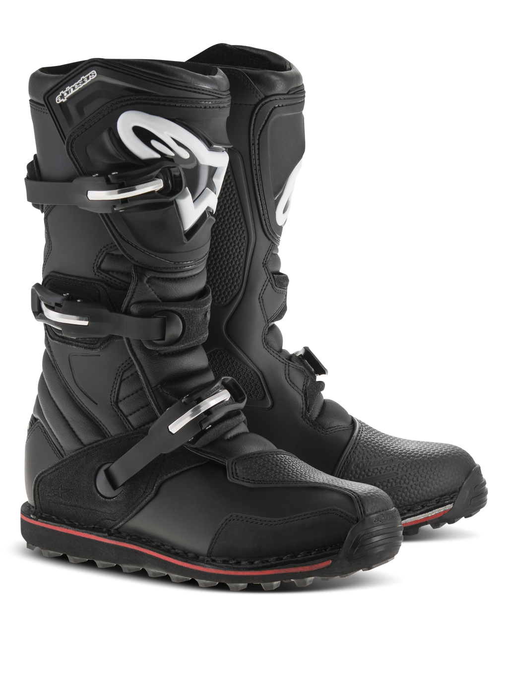 Alpinestars Tech-T Stiefel, Trial-Motorradstiefel, Schwarz mit roten und weißen Akzenten, Drei-Schnallen-Verschlusssystem, ergonomische Schienbeinplatte mit weißem Astars-Logo, dünner roter Streifen an der Sohle, strapazierfähige Lederkonstruktion für Trial- und Offroad-Fahrten