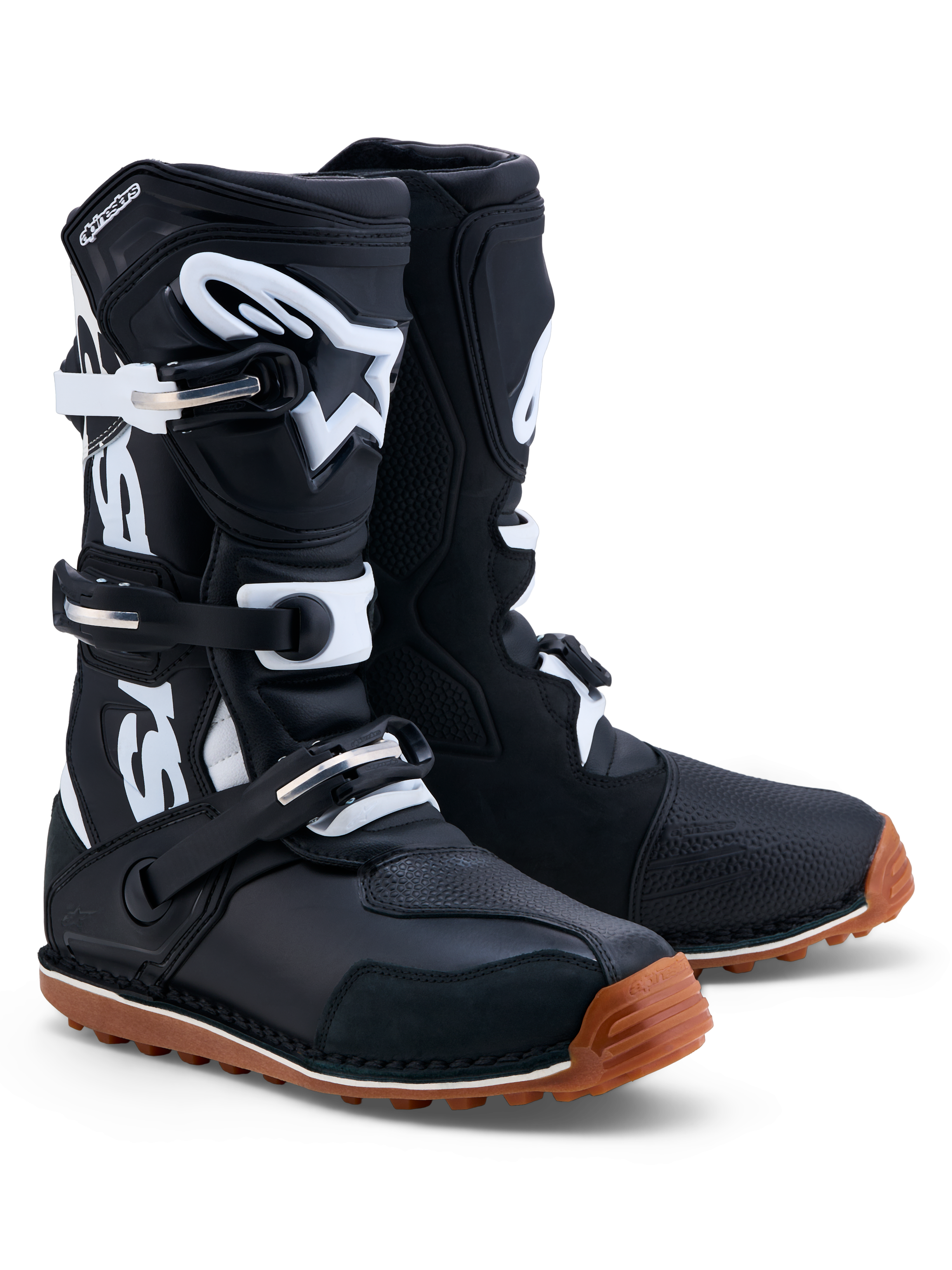 Alpinestars Tech-T Stiefel, Trial-Motorradstiefel für Herren, Schwarz und Weiß, robuste Lederkonstruktion mit TPU-Schienbeinplatte und griffiger Gummisohle für optimales Gefühl.