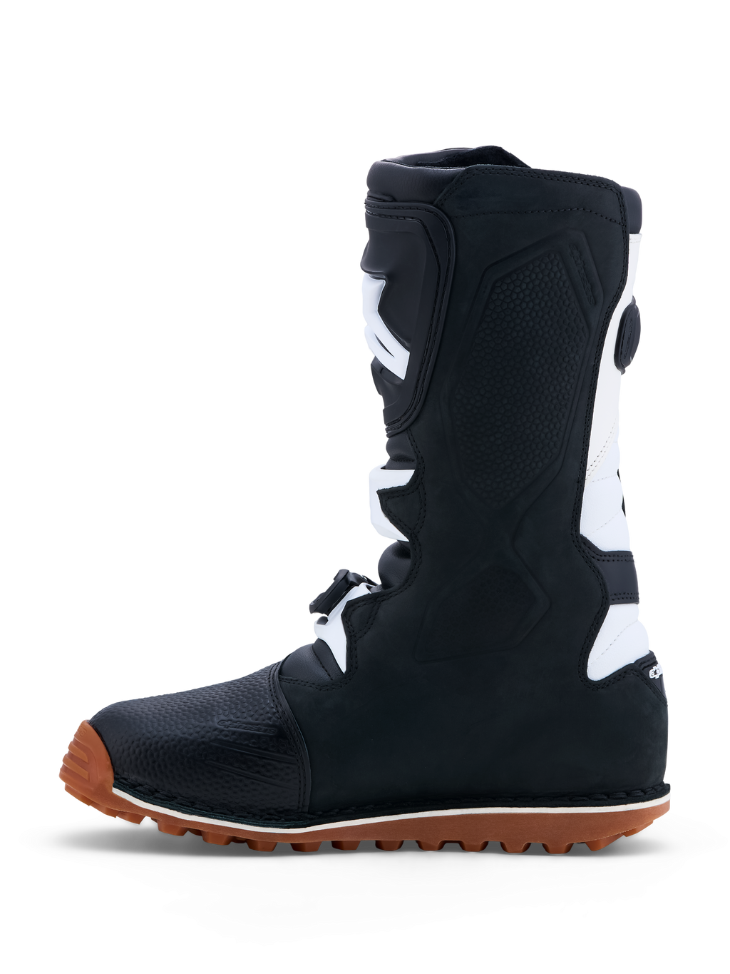 Alpinestars Tech-T Stiefel, Motorrad-Trial-Stiefel für Herren, Schwarz und Weiß, CE-zertifizierter Schutz aus Vollnarbenleder mit ergonomischer TPU-Schienbeinplatte und brauner griffiger Gummisohle
