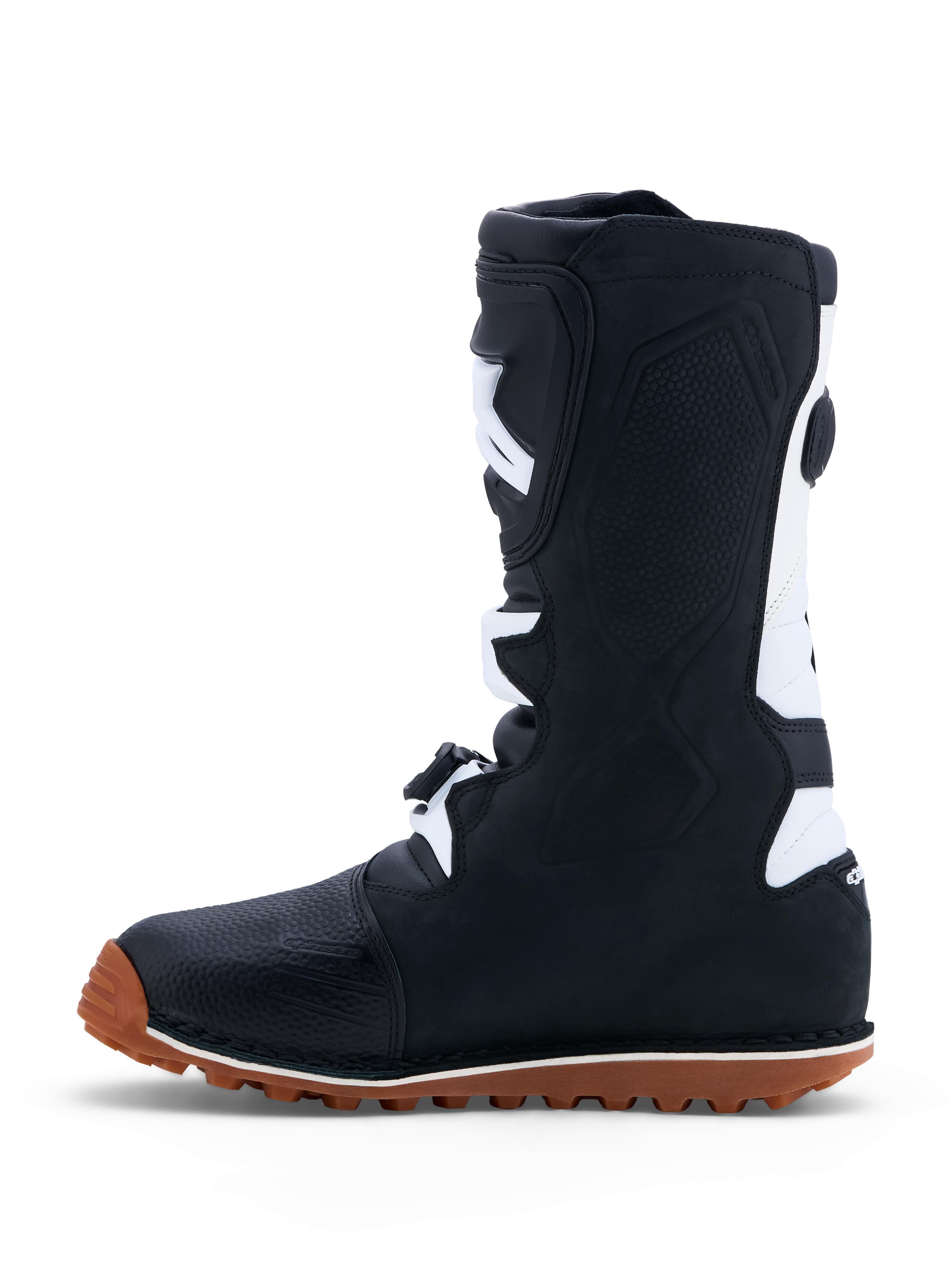 Alpinestars Tech-T Stiefel, Motorrad-Trial-Stiefel für Herren, Schwarz und Weiß, CE-zertifizierter Schutz aus Vollnarbenleder mit ergonomischer TPU-Schienbeinplatte und brauner griffiger Gummisohle