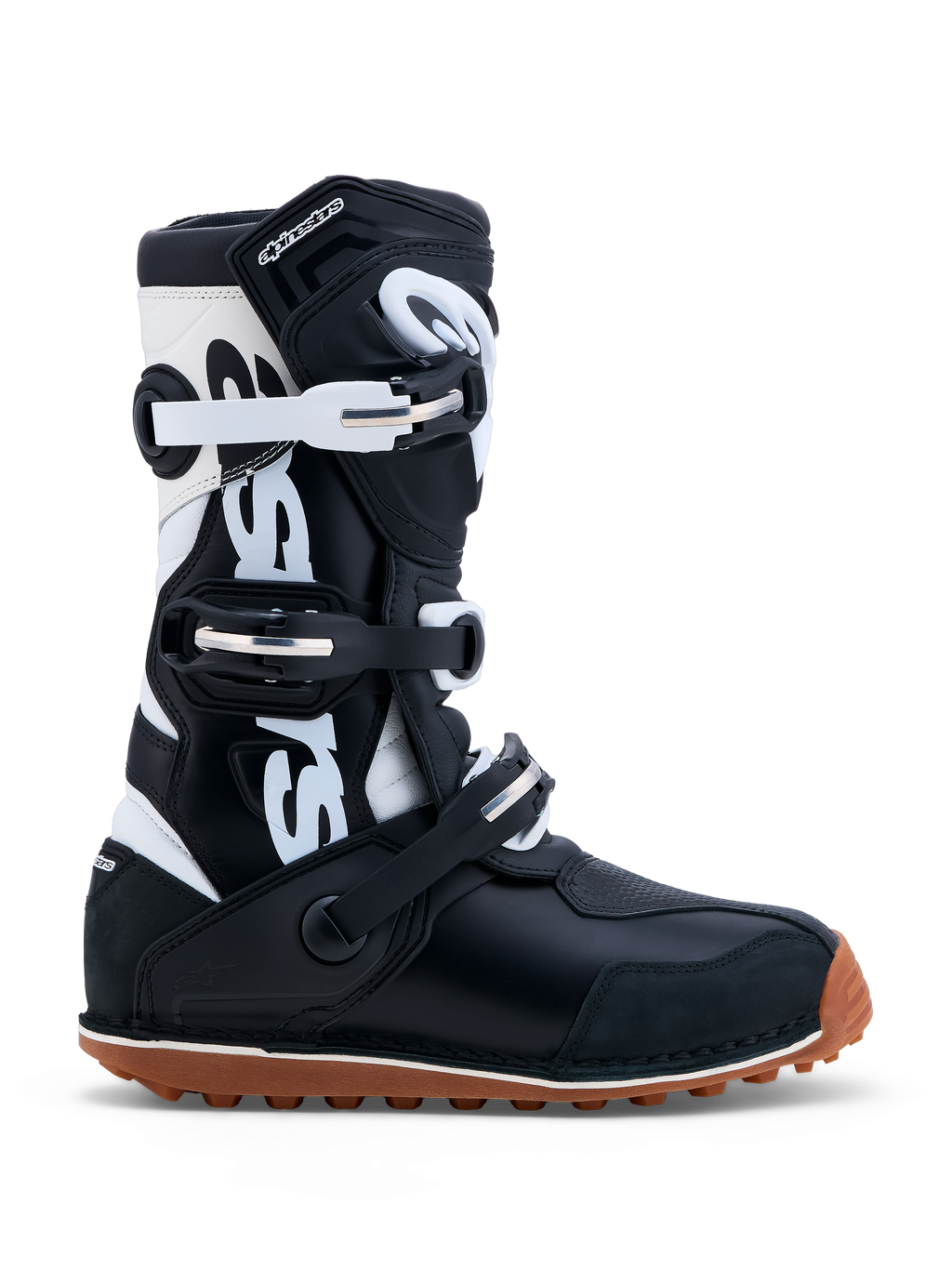 Alpinestars Tech-T Stiefel, Trial-Stiefel für Herren, Schwarz und Weiß, Leder, CE-zertifiziert, braune Gummisohle.