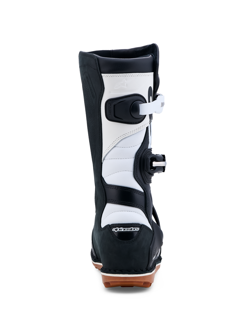 Alpinestars Tech-T Trial-Stiefel, Schwarz und Weiß, CE-zertifizierte Lederkonstruktion mit Gummisohle, Rückansicht.