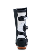 Alpinestars Tech-T Trial-Stiefel, Schwarz und Weiß, CE-zertifizierte Lederkonstruktion mit Gummisohle, Rückansicht.