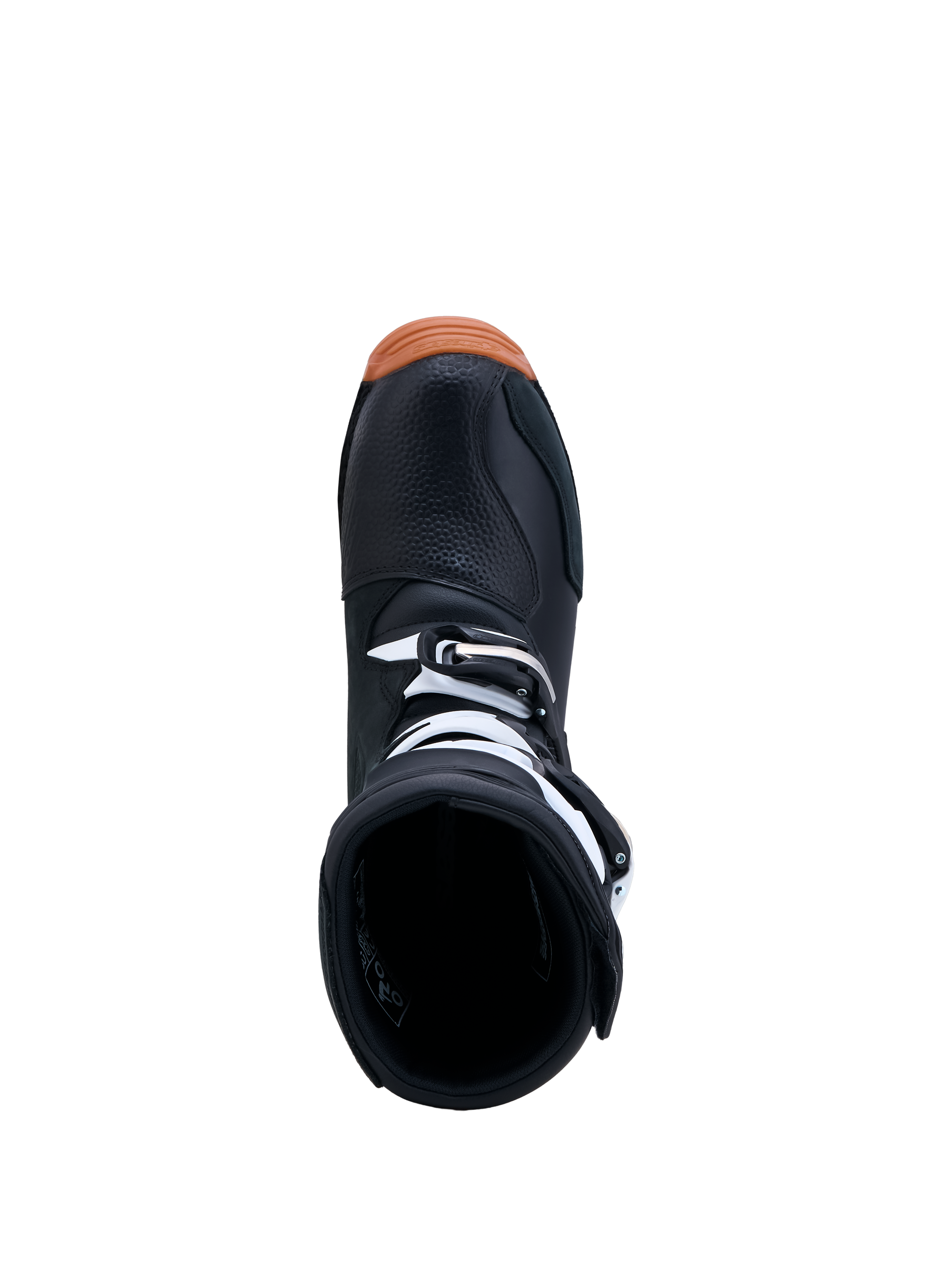 Alpinestars Tech-T Trial-Stiefel, Schwarz und Weiß, Draufsicht der Einstiegsöffnung mit Schnallen und brauner Gummisohle.