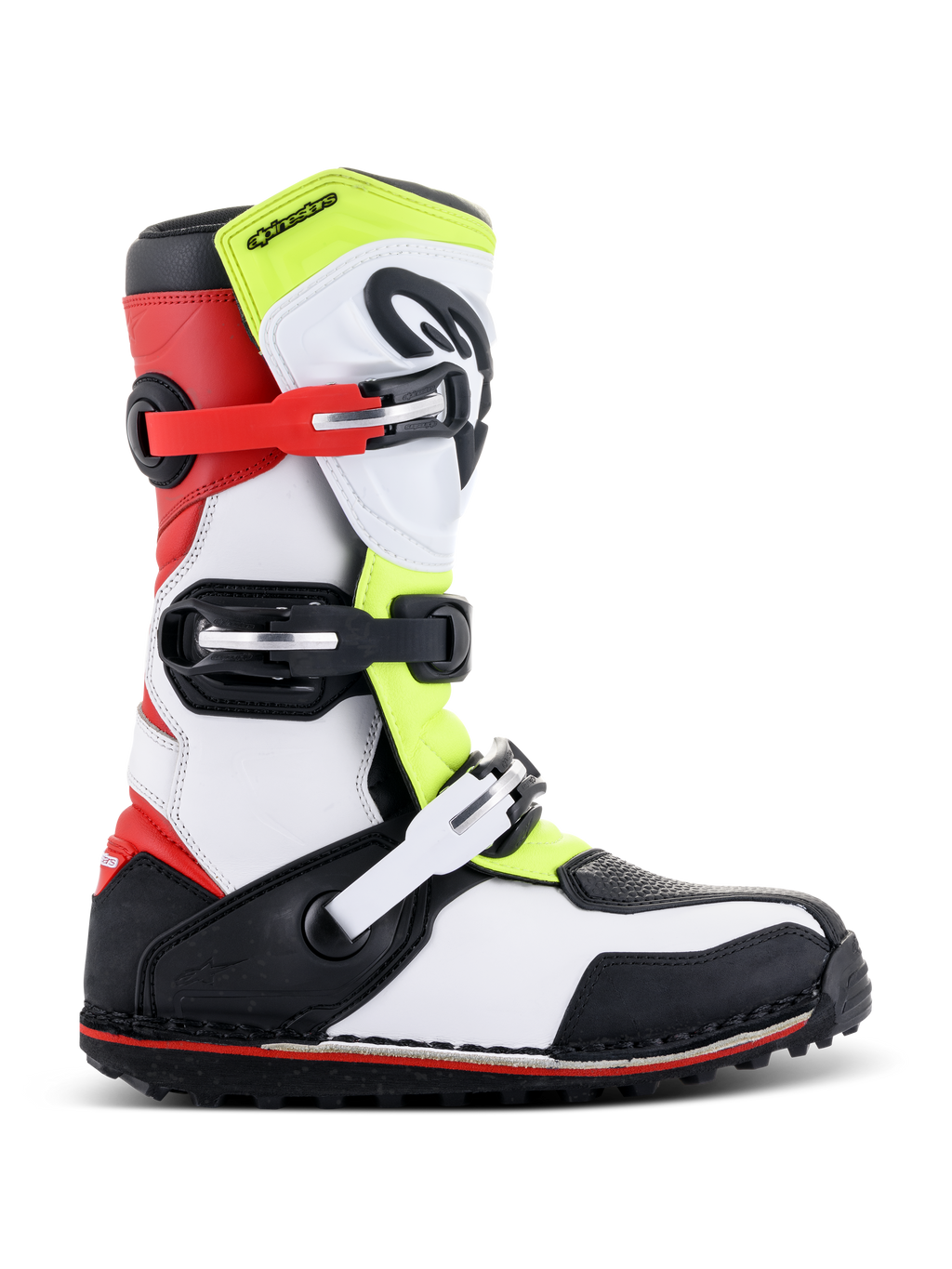 Alpinestars Tech-T Stiefel, Trial-Motorradstiefel, Weiß, Rot, Neongelb und Schwarz, drei verstellbare Schnallenriemen, ergonomischer Schienbeinschutz, robuste schwarze Sohle mit rotem Akzent, konzipiert für Trial-Fahrten im Gelände
