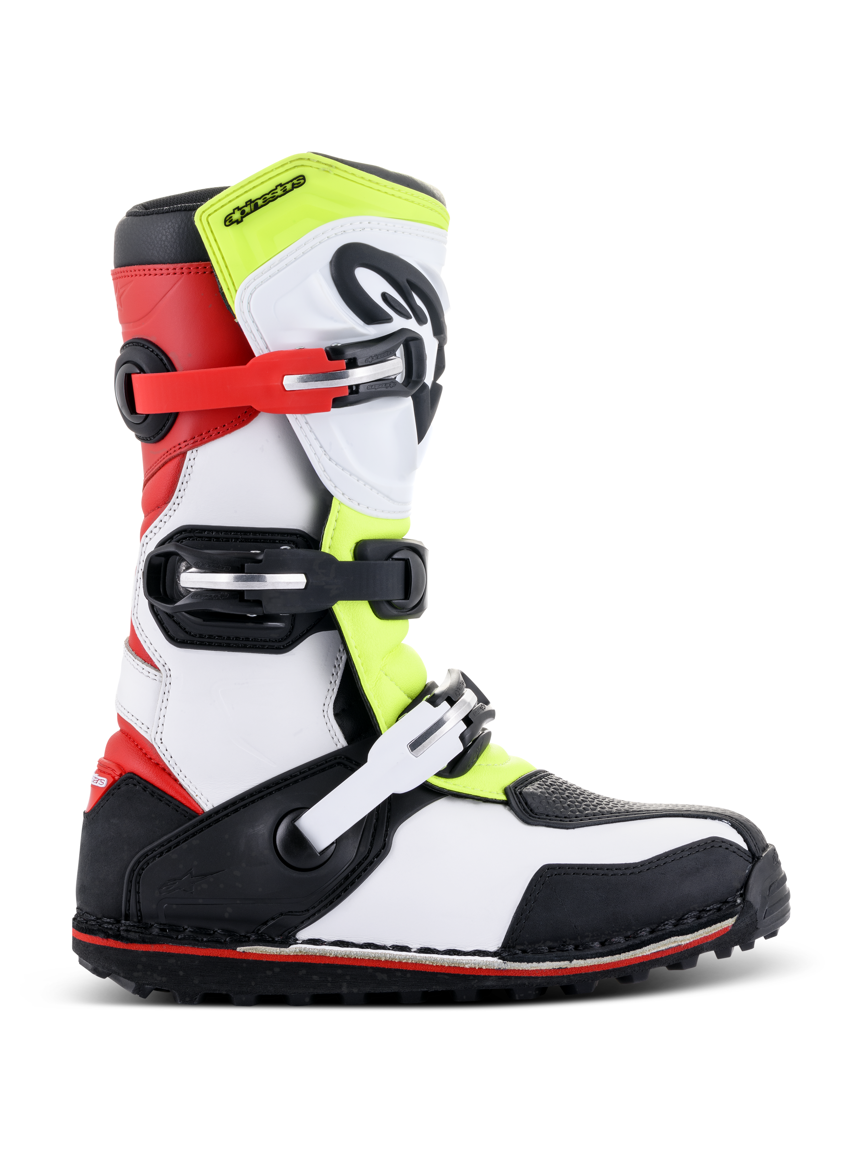 Alpinestars Tech-T Stiefel, Trial-Motorradstiefel, Weiß, Rot, Neongelb und Schwarz, drei verstellbare Schnallenriemen, ergonomischer Schienbeinschutz, robuste schwarze Sohle mit rotem Akzent, konzipiert für Trial-Fahrten im Gelände
